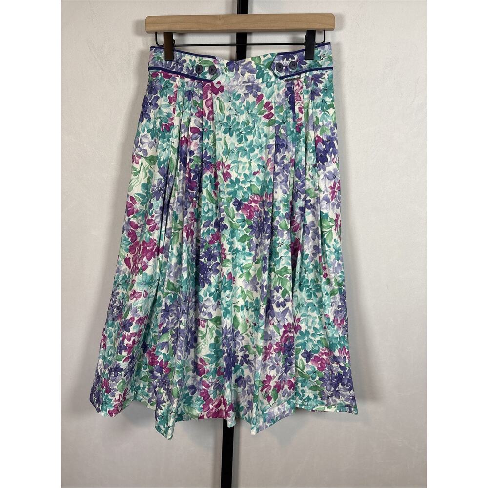 Geiger Floral Midi Skirt EU 40 Colorful Cotton Pleated Buttons Pockets Cottage